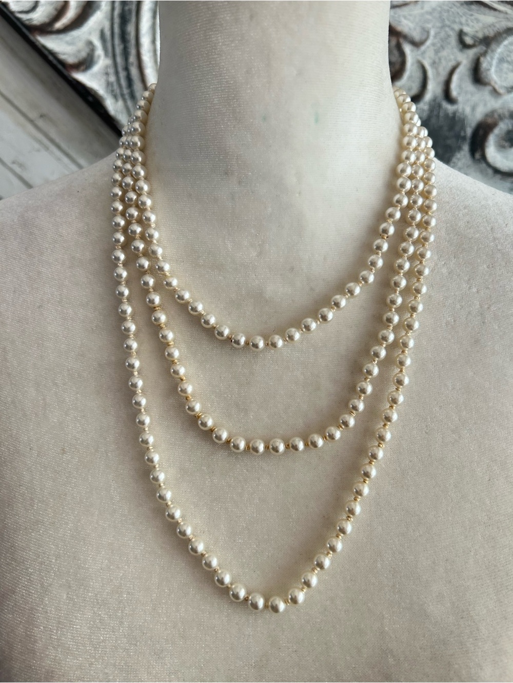 Japan 60” single strand hand knotted 6mm faux pearl necklace